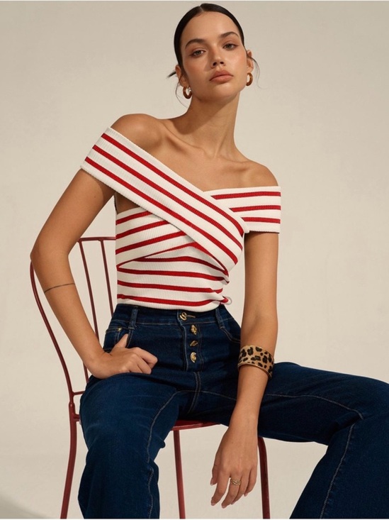 Tops - Off-Shoulder Red & White Striped Knit Top